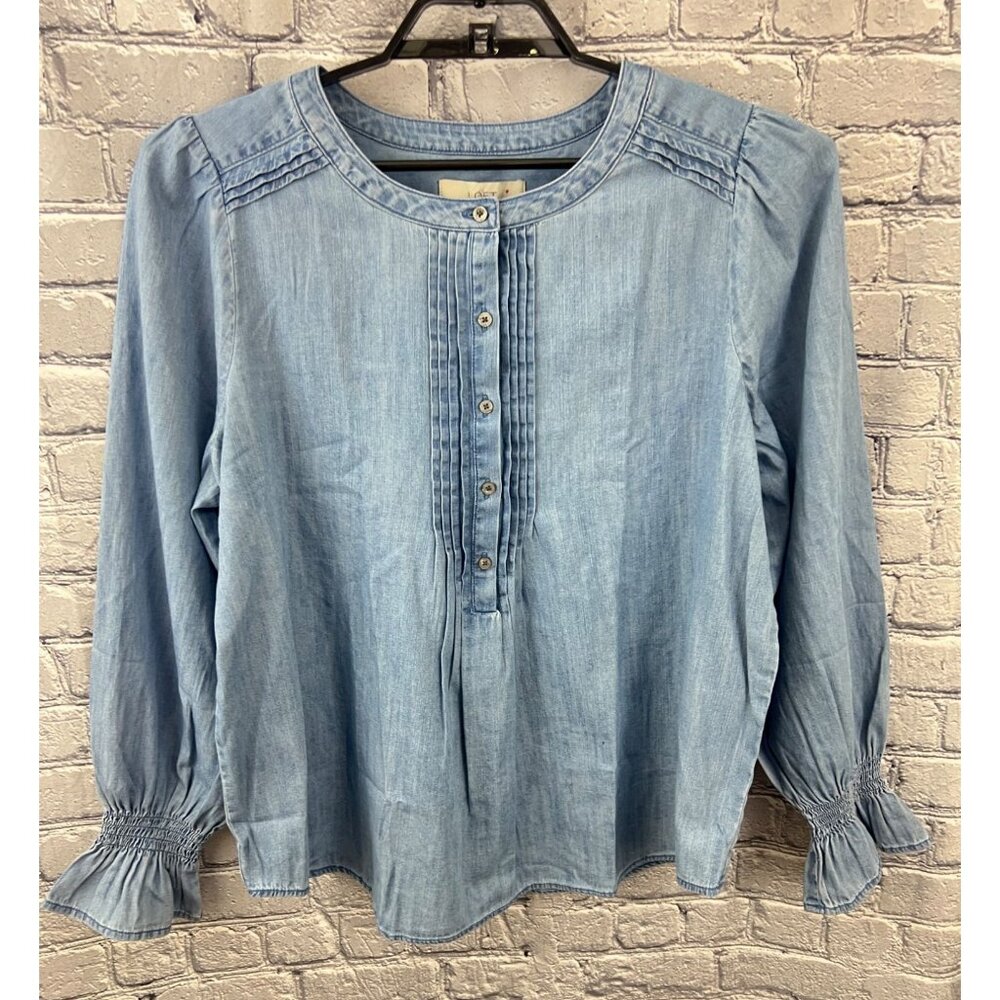 Loft Denim‎ size XL tunic top long sleeve pintuck blue cotton Chambray